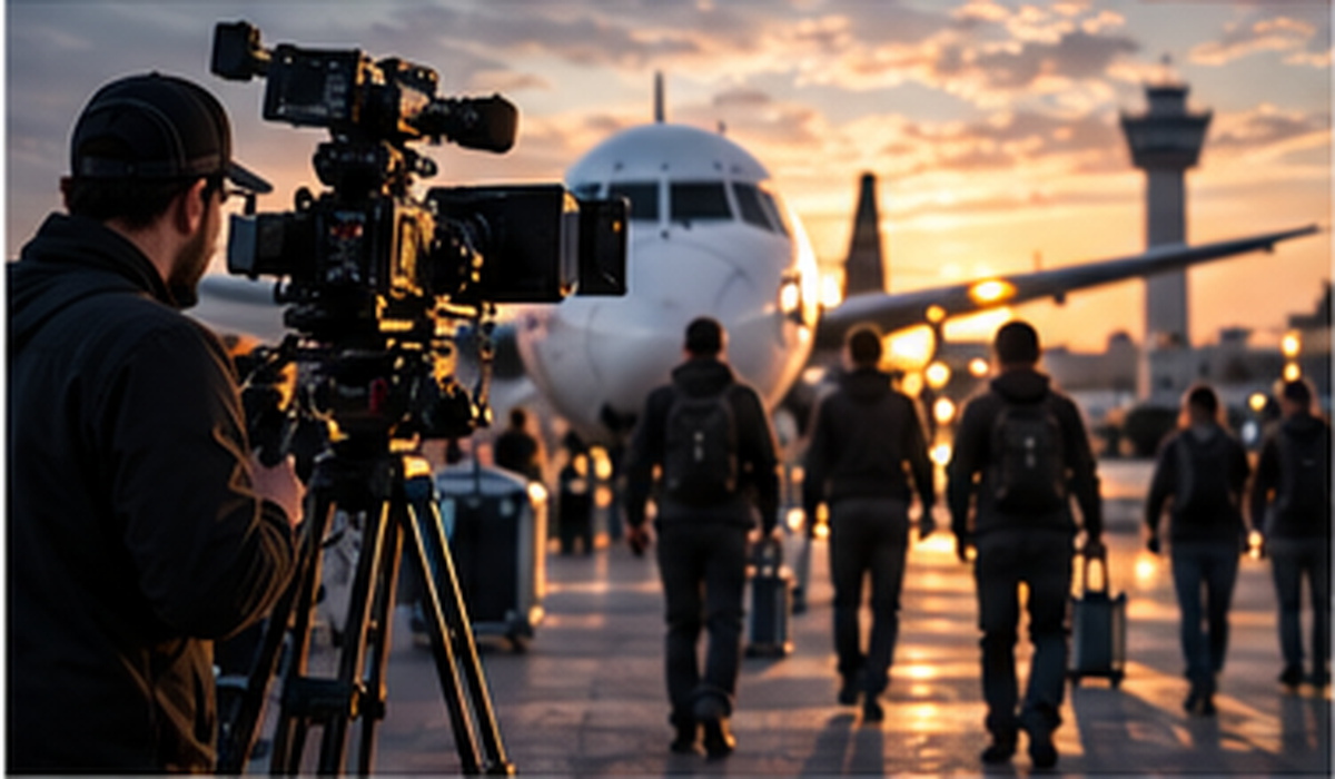 Camera crew filming at the airport