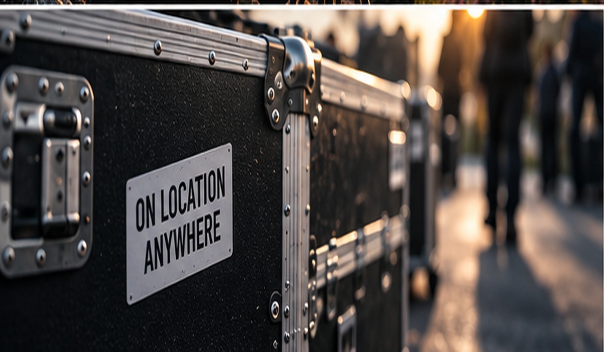 Flight case reading ON LOCATION ANYWHERE with crew in the background